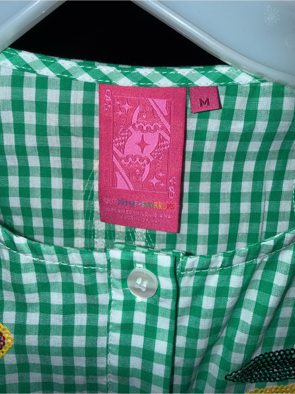 QUEEN OF SPARKLES Green Gingham Button-front Fruit dress - Picture 3 of 3